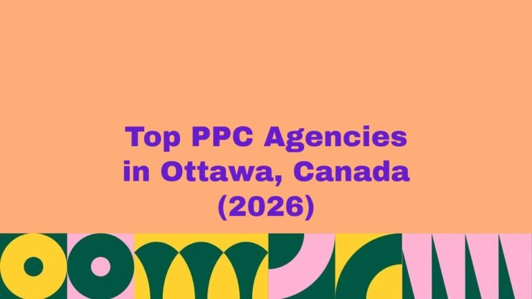 Graphic banner with a peach background and bold purple text reading “Top PPC Agencies in Ottawa, Canada (2026)” with a colorful abstract design strip along the bottom.