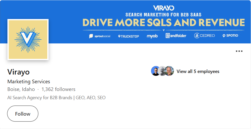 LinkedIn company profile screenshot of Virayo, a marketing services agency based in Boise, Idaho, specializing in AI search and B2B SaaS SEO, featuring the banner “Drive More SQLs and Revenue.”
