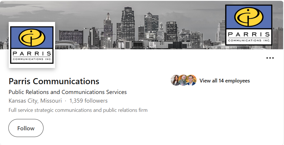 LinkedIn company profile screenshot of Parris Communications, a full-service strategic communications and public relations firm based in Kansas City, Missouri, with over 1,300 followers and a 14-person team.