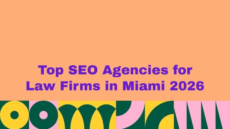 Peach background banner with bold purple text reading “Top Legal SEO Agencies in Denver for Law Firms (2026),” with colorful abstract geometric shapes forming a decorative strip along the bottom.