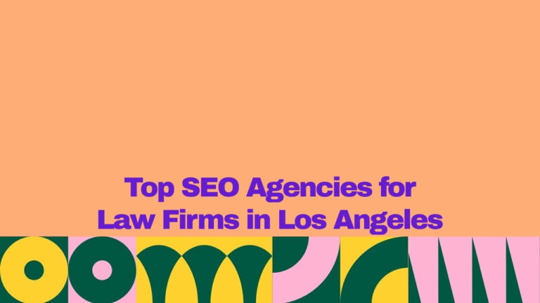 A graphic banner with a peach background and bold purple text reading “Top SEO Agencies for Law Firms in Los Angeles.” A colorful geometric pattern in green, yellow, and pink decorates the bottom section of the image.