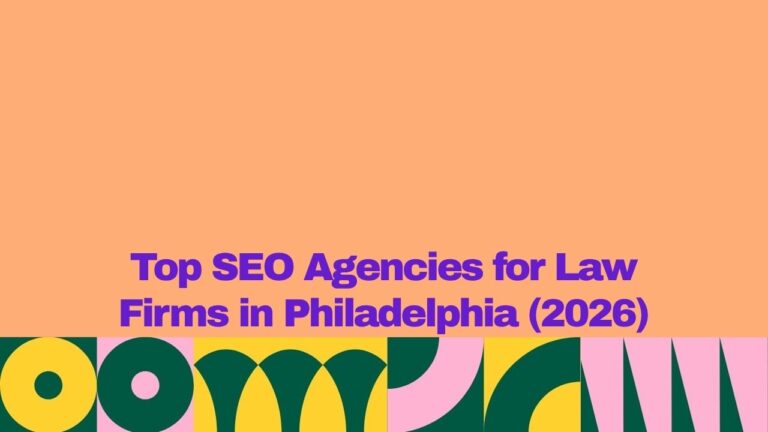 A graphic banner with a peach-colored background and bold purple text reading “Top SEO Agencies for Law Firms in Philadelphia (2026).” A colorful geometric pattern in green, yellow, pink, and dark teal decorates the bottom border of the image.