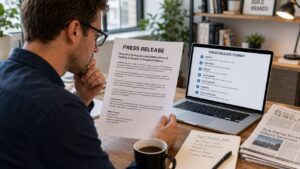 PR professional reviewing a press release at a modern office desk with a laptop showing press release format, coffee, notes, and newspapers nearby.PR professional reviewing a press release at a modern office desk with a laptop showing press release format, coffee, notes, and newspapers nearby.