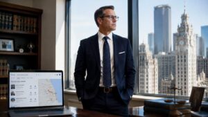 A law firm partner stands confidently in a modern office while a laptop shows a top law firm listing in Google Maps.