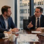 A law firm partner sits in a boardroom with two SEO agency representatives, reviewing printed reports and laptop analytics.