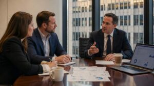 A law firm partner sits in a boardroom with two SEO agency representatives, reviewing printed reports and laptop analytics.