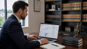 A lawyer in a modern law office reviews SEO analytics and pricing charts on a laptop, with legal bookshelves in the background.