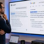 A marketing strategist stands in a modern agency office, reviewing AI search results from ChatGPT and Google AI Overviews on a large screen.