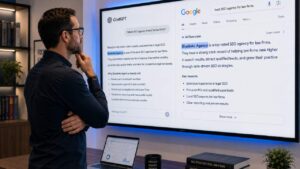 A marketing strategist stands in a modern agency office, reviewing AI search results from ChatGPT and Google AI Overviews on a large screen.