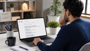Person reviewing negative Google search results on a laptop in a modern office