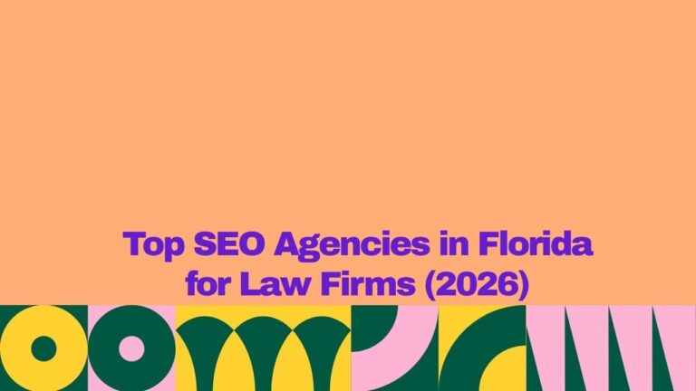 A promotional graphic with a peach-colored background and bold purple text centered on the image reading, “Top SEO Agencies in Florida for Law Firms (2026).” Along the bottom is a decorative band of geometric shapes in yellow, dark green, and pink, creating a modern, colorful design. The layout resembles a blog post header, article thumbnail, or marketing banner about SEO services for law firms in Florida.