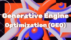 Generative Engine Optimization GEO title displayed over a modern abstract orange, blue, white, and black background.