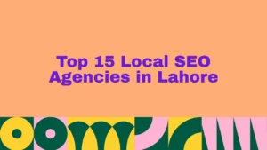 The image serves as a graphic header or banner with a minimalist yet colorful design. The upper two-thirds of the image consists of a solid, warm peach or light orange background. Positioned centrally within this space is the title "Top 15 Local SEO Agencies in Lahore" rendered in a clean, sans-serif, deep purple typeface. The text spans two lines, breaking after the word "SEO." Along the bottom third of the image is a decorative, continuous geometric border. This pattern includes recurring shapes such as yellow columns, sharp dark green arches, circular cutouts, and pastel pink geometric accents.