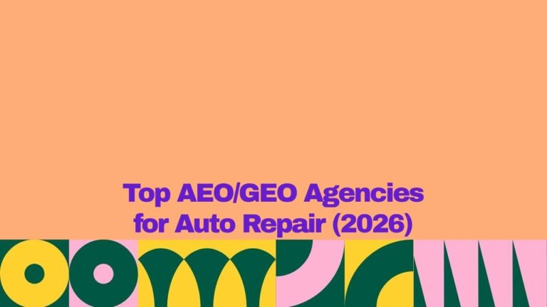 Banner graphic with a peach background and bold purple text reading, “Top AEO/GEO Agencies for Auto Repair (2026).” A colorful geometric pattern in yellow, dark green, and pink spans the bottom of the image.
