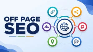 A clean and modern Off-Page SEO infographic featuring a large "OFF PAGE SEO" heading on the left and colorful interconnected icons representing backlinks, social sharing, content marketing, local SEO, brand mentions, and link building on a light blue abstract background.