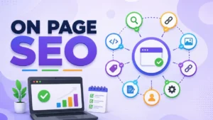 A clean and modern On-Page SEO infographic with a large "ON PAGE SEO" heading, a laptop displaying SEO analytics, and colorful optimization icons connected around a central webpage on a soft purple gradient background.