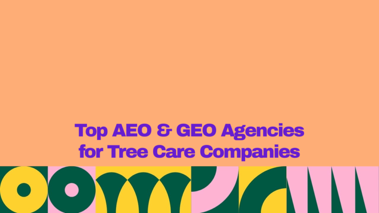Top AEO and GEO agencies for tree care companies, displayed in bold purple text on a peach background with colorful geometric patterns.