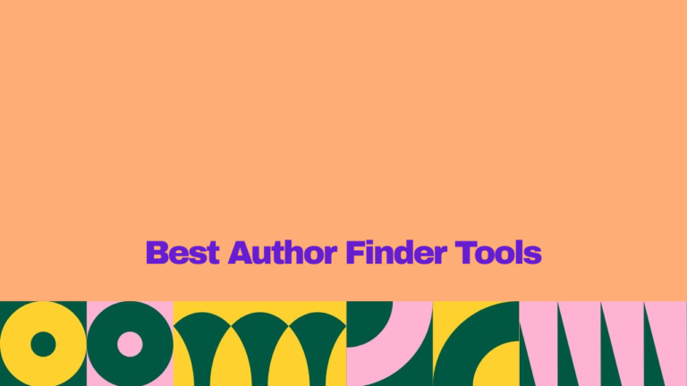 "Best author finder tools for SEO and link building, featuring bold purple text on a peach background with colorful geometric patterns along the bottom."